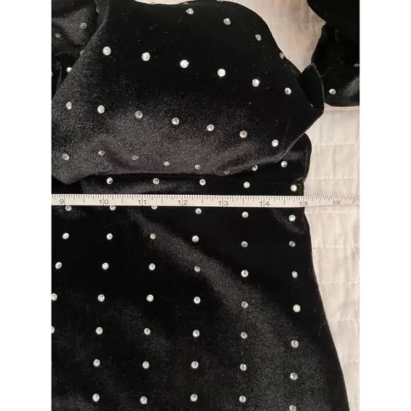 Nocturne Dress Womens Large Black Velvet Crystal Polka Dot Puff Sleeve Party L40 - Picture 2 of 9